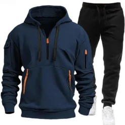 OUKU Men's Hoodie Tracksuit Sweatsuit Black White Navy Blue Blue Light Grey Hooded Half Zip Plain 2 Piece Sports & Outdoor Daily Holiday Polyester Streetwear Casual Spring & Fall Clothing Apparel Hoodies