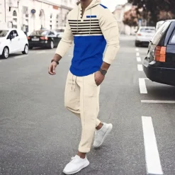 Online OUKU Men's Hoodie Tracksuit Sweatsuit Black White Royal Blue Khaki Dark Gray Hooded Stripes 2 Piece Sports & Outdoor Daily Holiday Streetwear Basic Casual Spring & Fall Clothing Apparel Hoodies