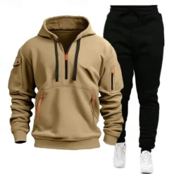 Best OUKU Men's Hoodie Tracksuit Sweatsuit Quarter Zip Hoodie Black Navy Blue Khaki Light Grey Hooded Half Zip Plain Pocket 2 Piece Sports & Outdoor Daily Holiday Polyester Streetwear Basic Casual Spring