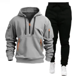 Best OUKU Men's Hoodie Tracksuit Sweatsuit Quarter Zip Hoodie Black Navy Blue Khaki Light Grey Hooded Half Zip Plain Pocket 2 Piece Sports & Outdoor Daily Holiday Polyester Streetwear Basic Casual Spring