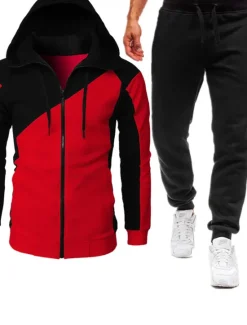 Online OUKU Men's Hoodie Tracksuit Zip Hoodie Sweatshirt Sweat Jacket Wine Red Black Red Blue Light Grey Hooded Color Block Patchwork Zipper Sports & Outdoor Cool Casual Essential Winter Fall & Winter Clothing