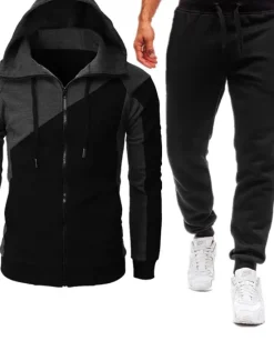 Online OUKU Men's Hoodie Tracksuit Zip Hoodie Sweatshirt Sweat Jacket Wine Red Black Red Blue Light Grey Hooded Color Block Patchwork Zipper Sports & Outdoor Cool Casual Essential Winter Fall & Winter Clothing
