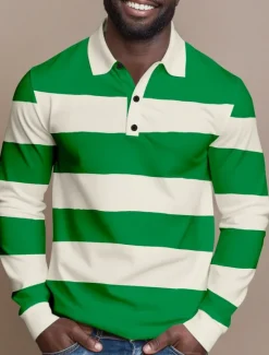 Clearance OUKU Men's Horizontal Stripes Cable Knit Polo Rugby Polo Shirts Long Sleeve Polo Shirts Collared Shirts Casual Outdoor Athleisure 3D Print Buttons Spring Fall Red Blue Green