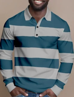 Clearance OUKU Men's Horizontal Stripes Cable Knit Polo Rugby Polo Shirts Long Sleeve Polo Shirts Collared Shirts Casual Outdoor Athleisure 3D Print Buttons Spring Fall Red Blue Green