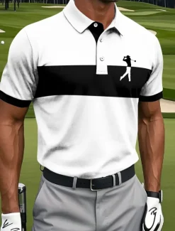 Hot OUKU Men's Horizontal Stripes Golf Polo Short Sleeve Polo Shirts Collared Shirts Sportswear Athleisure Daily Wear Buttons Summer White Red Blue