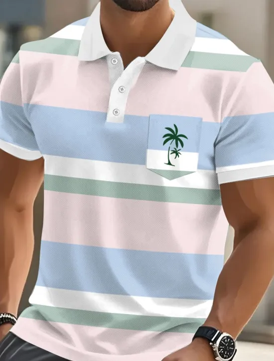 Online OUKU Men's Horizontal Stripes Palm Tree Polo Short Sleeve Polo Shirts Collared Shirts Casual Resort Athleisure Daily Wear Vacation Wear Pocket 3D Print Buttons Summer Yellow Pink Blue