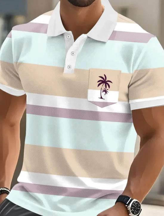 Online OUKU Men's Horizontal Stripes Palm Tree Polo Short Sleeve Polo Shirts Collared Shirts Casual Resort Athleisure Daily Wear Vacation Wear Pocket 3D Print Buttons Summer Yellow Pink Blue