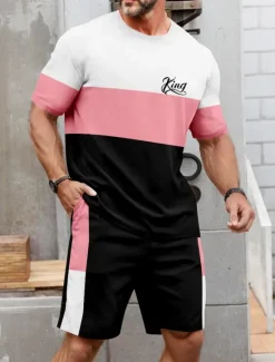 Best OUKU Men's Horizontal Stripes 2pcs Tees sets Summer Tops Short Sleeve Short Pants Crew Neck Sport Casual Outdoor Vacation Sport 3D Print Summer Pink Brown Green