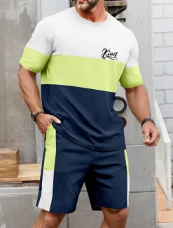 Best OUKU Men's Horizontal Stripes 2pcs Tees sets Summer Tops Short Sleeve Short Pants Crew Neck Sport Casual Outdoor Vacation Sport 3D Print Summer Pink Brown Green