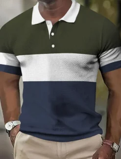 Sale OUKU Men's Horizontal Stripes Rugby Polo Short Sleeve Polo Shirts Collared Shirts Business Casual School Formal Dailywear Business Buttons 3D Print Summer Dark Brown Dark Green Dark Blue