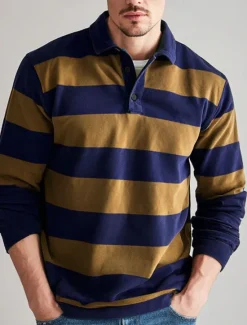 Clearance OUKU Men's Horizontal Stripes Rugby Polo Long Sleeve Polo Shirts Collared Shirts Sportswear Casual School Outdoor Athleisure 3D Print Spring Fall Winter Red Blue Brown