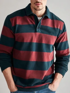 Clearance OUKU Men's Horizontal Stripes Rugby Polo Long Sleeve Polo Shirts Collared Shirts Sportswear Casual School Outdoor Athleisure 3D Print Spring Fall Winter Red Blue Brown