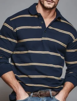 Best OUKU Men's Horizontal Stripes Rugby Polo Long Sleeve Polo Shirts Collared Shirts Sportswear Casual School Outdoor Athleisure 3D Print Spring Fall Winter Yellow Blue Brown