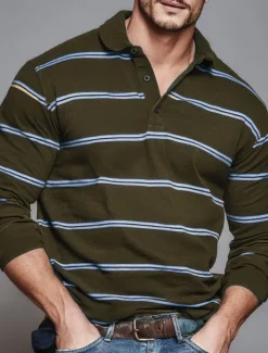 Best OUKU Men's Horizontal Stripes Rugby Polo Long Sleeve Polo Shirts Collared Shirts Sportswear Casual School Outdoor Athleisure 3D Print Spring Fall Winter Yellow Blue Brown