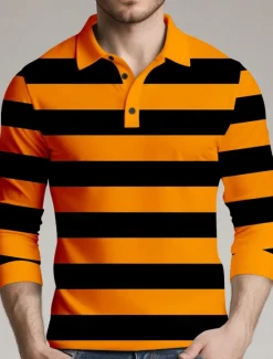 Outlet OUKU Men's Horizontal Stripes Rugby Polo Long Sleeve Polo Shirts Collared Shirts Sportswear Casual School Outdoor Athleisure 3D Print Spring Fall Winter Black Red Orange