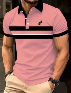 Discount OUKU Men's Horizontal Stripes Rugby Polo Short Sleeve Polo Shirts Collared Shirts Business Casual School Outdoor Athleisure Daily Wear 3D Print Summer Spring Fall White Yellow Pink