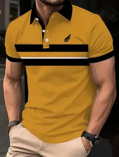 Discount OUKU Men's Horizontal Stripes Rugby Polo Short Sleeve Polo Shirts Collared Shirts Business Casual School Outdoor Athleisure Daily Wear 3D Print Summer Spring Fall White Yellow Pink