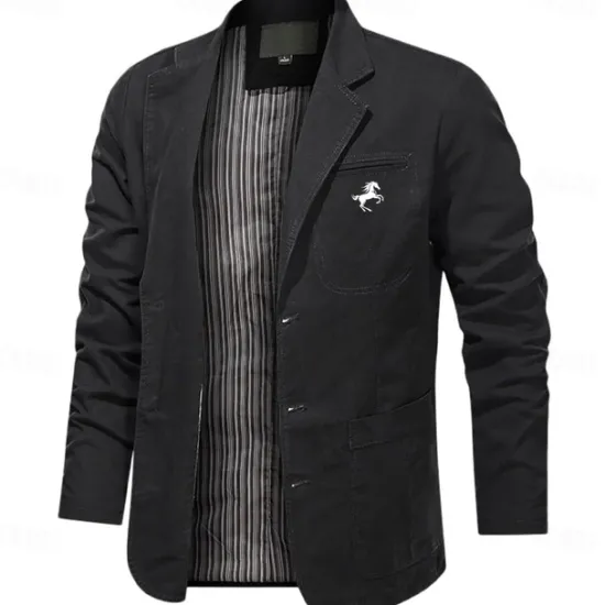 Online OUKU Men's Horse Print Cotton Suit Jacket Suits Coat Blazer Casual Outdoor Dailywear Long Sleeve Notch Lapel Collar Outwear Pockets Button Down Stripe Lined Suit Jacket Fall Winter Black khaki Army Green