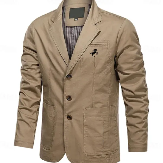 Online OUKU Men's Horse Print Cotton Suit Jacket Suits Coat Blazer Casual Outdoor Dailywear Long Sleeve Notch Lapel Collar Outwear Pockets Button Down Stripe Lined Suit Jacket Fall Winter Black khaki Army Green