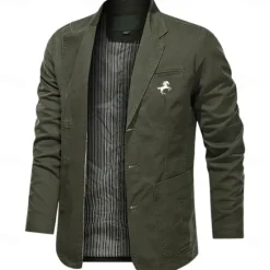 Online OUKU Men's Horse Print Cotton Suit Jacket Suits Coat Blazer Casual Outdoor Dailywear Long Sleeve Notch Lapel Collar Outwear Pockets Button Down Stripe Lined Suit Jacket Fall Winter Black khaki Army Green