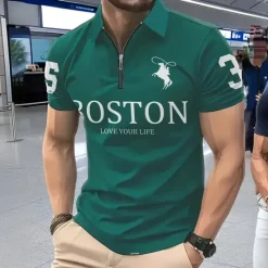 New OUKU Men's Horse Text / Number Zip Polo Short Sleeve Turndown Sporty Casual / Sporty Sports & Outdoor Athleisure Casual Daily 3D Print Summer Black Red Green