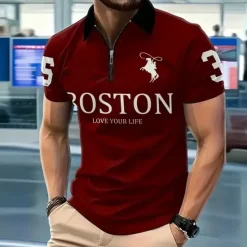 New OUKU Men's Horse Text / Number Zip Polo Short Sleeve Turndown Sporty Casual / Sporty Sports & Outdoor Athleisure Casual Daily 3D Print Summer Black Red Green