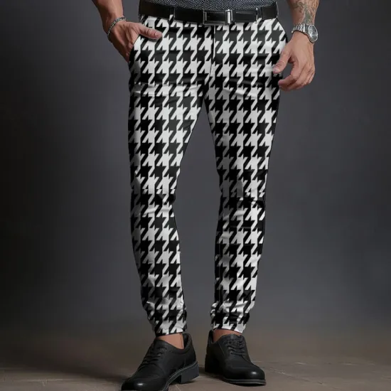 Best OUKU Men's Houndstooth Dress Pants Mid Waist Business Casual Formal Dailywear Zipper Pocket Summer Spring Fall 3D Print Black And White