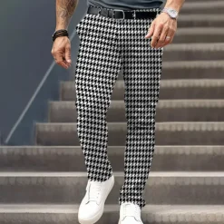 Outlet OUKU Men's Houndstooth Dress Pants Mid Waist Business Casual Formal Dailywear Zipper Pocket Summer Spring Fall 3D Print Black