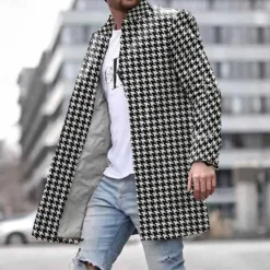 Clearance OUKU Men's Houndstooth Winter Coat Fleece Jacket Overcoat Thermal Comfortable Business Casual Formal Office / Career Daily Wear Buttons 3D Print Front Pocket Winter Turndown Long Sleeve Black