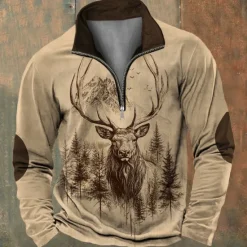 New OUKU Men's Hunting Deer Sweatshirts Quarter Zip Sweatshirt Long Sleeve Sweatshirt Stand Collar Vintage Retro Western Cowboy 3D Printing Hunting Crewneck 3D Print Winter Spring & Fall Brown