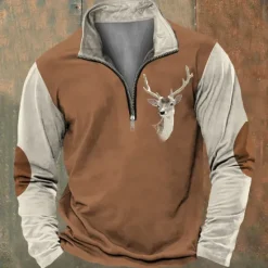 New OUKU Men's Hunting Deer Sweatshirts Quarter Zip Sweatshirt Long Sleeve Sweatshirt Zip Vintage Retro Western Cowboy 3D Printing Climbing Hunting Winter Spring & Fall