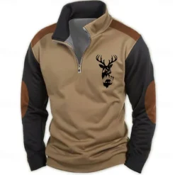 Hot OUKU Men's Hunting Deer Sweatshirts Quarter Zip Sweatshirt Long Sleeve Sweatshirt Half Zip Vintage Retro Western Cowboy 3D Printing Hunting Half Zip Winter Spring & Fall Brown