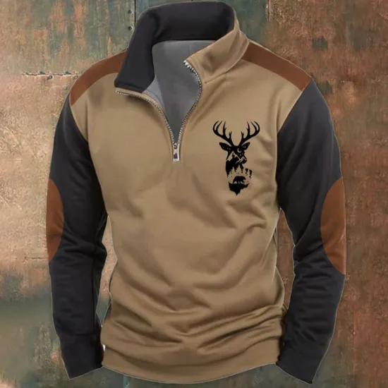 Hot OUKU Men's Hunting Deer Sweatshirts Quarter Zip Sweatshirt Long Sleeve Sweatshirt Half Zip Vintage Retro Western Cowboy 3D Printing Hunting Half Zip Winter Spring & Fall Brown
