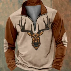 Outlet OUKU Men's Hunting Deer Sweatshirts Quarter Zip Sweatshirt Long Sleeve Sweatshirt Stand Collar Quarter Zip Ethnic Vintage Retro 3D Printing Hunting Winter Spring & Fall