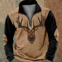 Outlet OUKU Men's Hunting Deer Sweatshirts Quarter Zip Sweatshirt Long Sleeve Sweatshirt Stand Collar Quarter Zip Ethnic Vintage Retro 3D Printing Hunting Winter Spring & Fall