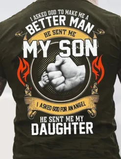 Hot OUKU Men's I Asked God To Make Me A Better Man He Sent Me My Son Graphic T Shirt Family Gifts Tee Short Sleeves Graphic Shirt Black Red Navy Blue Fashion Designer Clothing