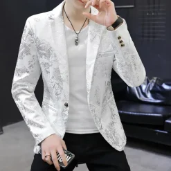 Outlet OUKU Men's Jacket Blazer Party Ceremony Print Fall Print Party Elegant Shawl Collar Thin Regular Slim Black White Jacket