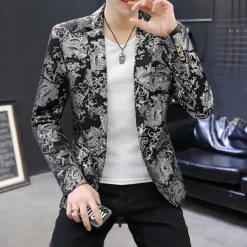 Outlet OUKU Men's Jacket Blazer Party Ceremony Print Fall Print Party Elegant Shawl Collar Thin Regular Slim Black White Jacket