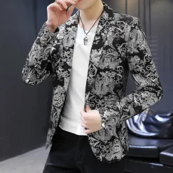 Outlet OUKU Men's Jacket Blazer Party Ceremony Print Fall Print Party Elegant Shawl Collar Thin Regular Slim Black White Jacket