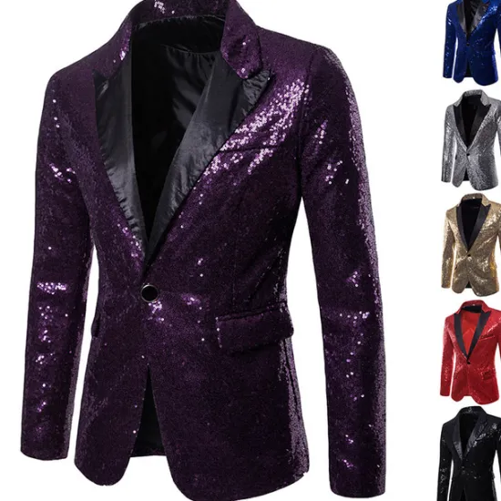 Hot OUKU Men's Jacket Blazer Wedding Party / Evening Reflective Glitter Sequin Spring Fall Sequin Party Shawl Collar Regular Regular Regular Fit Black Silver Red Blue Purple Jacket