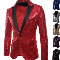 Hot OUKU Men's Jacket Blazer Wedding Party / Evening Reflective Glitter Sequin Spring Fall Sequin Party Shawl Collar Regular Regular Regular Fit Black Silver Red Blue Purple Jacket