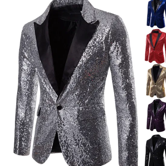 Hot OUKU Men's Jacket Blazer Wedding Party / Evening Reflective Glitter Sequin Spring Fall Sequin Party Shawl Collar Regular Regular Regular Fit Black Silver Red Blue Purple Jacket