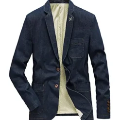 Sale OUKU Men's Jacket Denim Jacket Jean Jacket Blazer Business Cocktail Attire Solid Colored V Neck Cotton Regular Fit Denim Blue Vintage blue Black Jacket