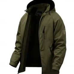 Hot OUKU Men's Jacket Raincoat Shell Jacket Waterproof Lightweight Sports Outdoor Camping & Hiking Embroidered Side Pockets Zip Front Fall Winter Hooded Long Sleeve Green khaki Dark Blue