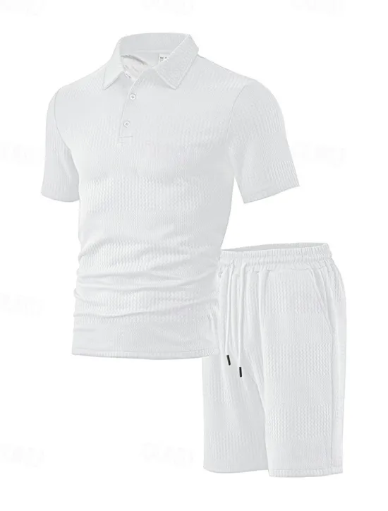 Sale OUKU Men's Jacquard Tracksuit Polo Shirt & Shorts Set Outfit Set Lapel Outdoor Daily Sports Pocket Drawstring 2 Piece Plain Black White Navy Blue Polyester Activewear Classic Casual Summer