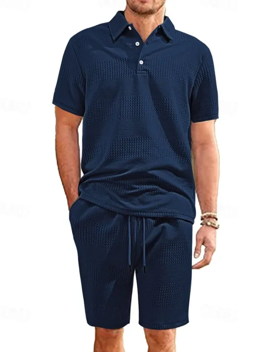 Sale OUKU Men's Jacquard Tracksuit Polo Shirt & Shorts Set Outfit Set Lapel Outdoor Daily Sports Pocket Drawstring 2 Piece Plain Black White Navy Blue Polyester Activewear Classic Casual Summer