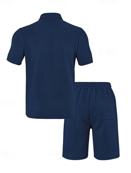 Sale OUKU Men's Jacquard Tracksuit Polo Shirt & Shorts Set Outfit Set Lapel Outdoor Daily Sports Pocket Drawstring 2 Piece Plain Black White Navy Blue Polyester Activewear Classic Casual Summer