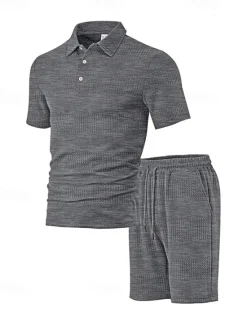 Sale OUKU Men's Jacquard Tracksuit Polo Shirt & Shorts Set Outfit Set Lapel Outdoor Daily Sports Pocket Drawstring 2 Piece Plain Black White Navy Blue Polyester Activewear Classic Casual Summer