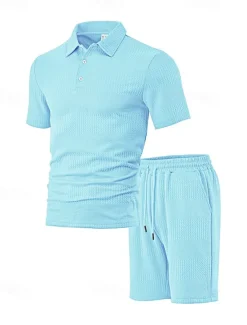 Sale OUKU Men's Jacquard Tracksuit Polo Shirt & Shorts Set Outfit Set Lapel Outdoor Daily Sports Pocket Drawstring 2 Piece Plain Black White Navy Blue Polyester Activewear Classic Casual Summer