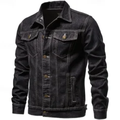 Online OUKU Men's Jean Jacket Denim Jacket Casual Daily Windbreaker Classic Style Denim Spring & Fall Fall & Winter Solid / Plain Color Casual Lapel Regular Black Dark Blue Light Blue Jacket